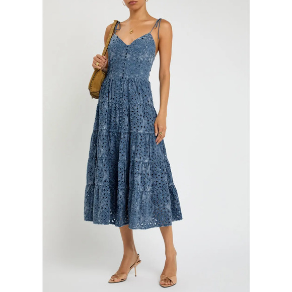 Alice + Olivia Shanti Embroidered Chambray Midi Dress NWT US 8 - Picture 1 of 7